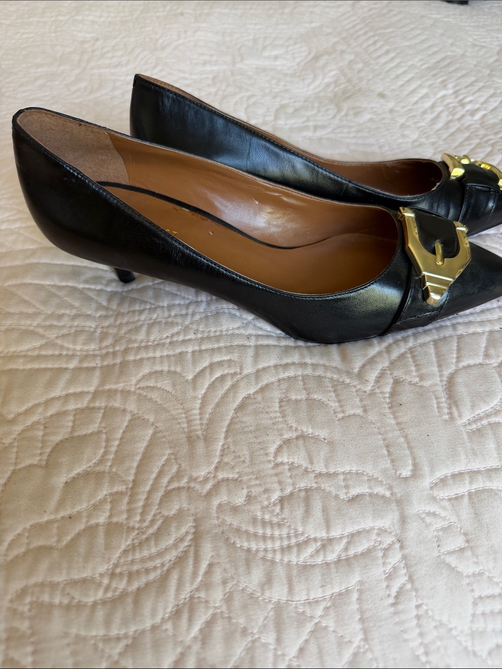 Nine West Black Leather Pointed-Toe Kitten Heels with Gold Buckle